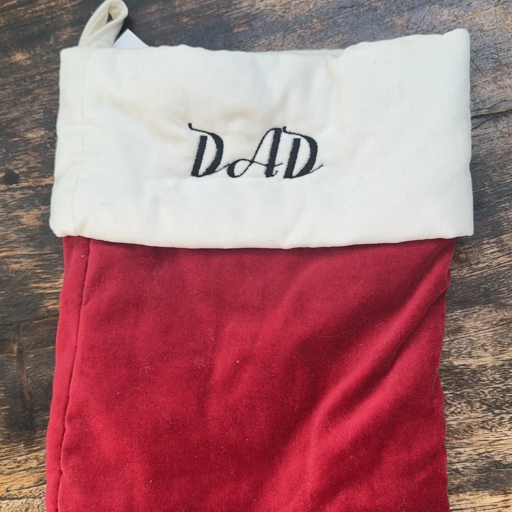 Pottery Barn Red Velvet Christmas Stocking with DAD embroidered on it NWT